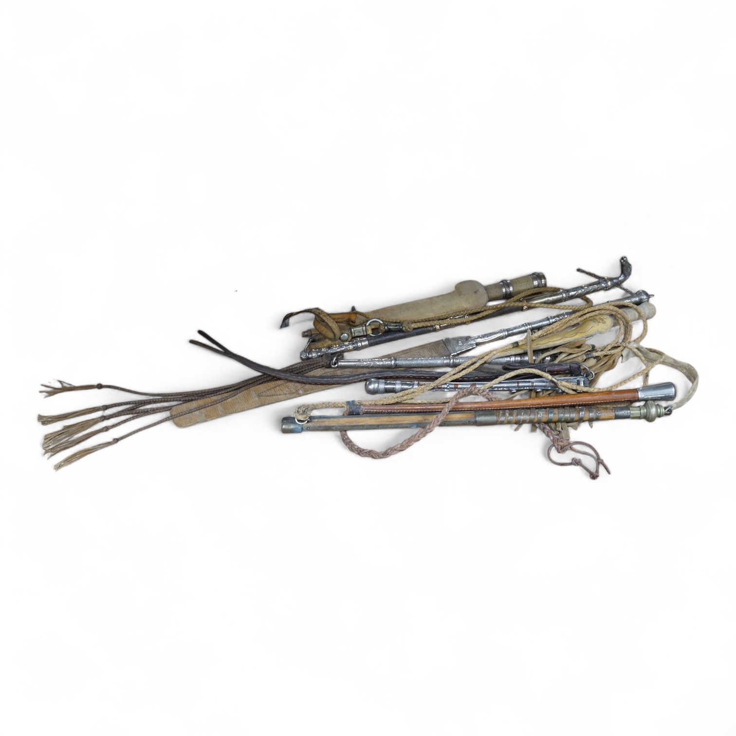 Sx 19th/20th century Ottoman or European white metal or base metal mounted riding crops, longest 48cm, and a dagger